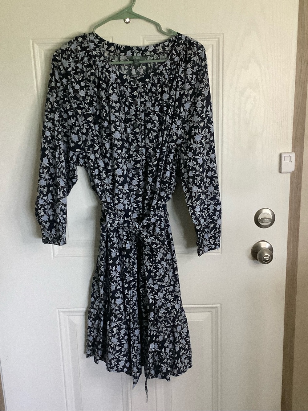 Terra & Sky Navy and White Floral Tie-Waist Long Sleeve Dress